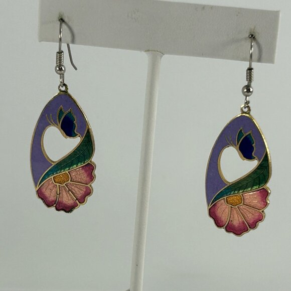Purple Green Enamel Butterfly Flower Dangle Earrings Teardrop Shape Silver Tone - Picture 6 of 7